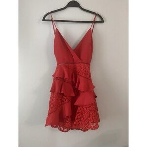Saints and Secrets Lace and Ruffle Detail Red Tiered Flower Dress Size S